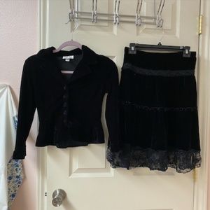 Vintage 1990s black velvet peplum jacket and tiered skirt